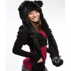 Faux Fur Plush 3D Full Animal Hood with Pocket Hat Scarf Mitten Black Wolf